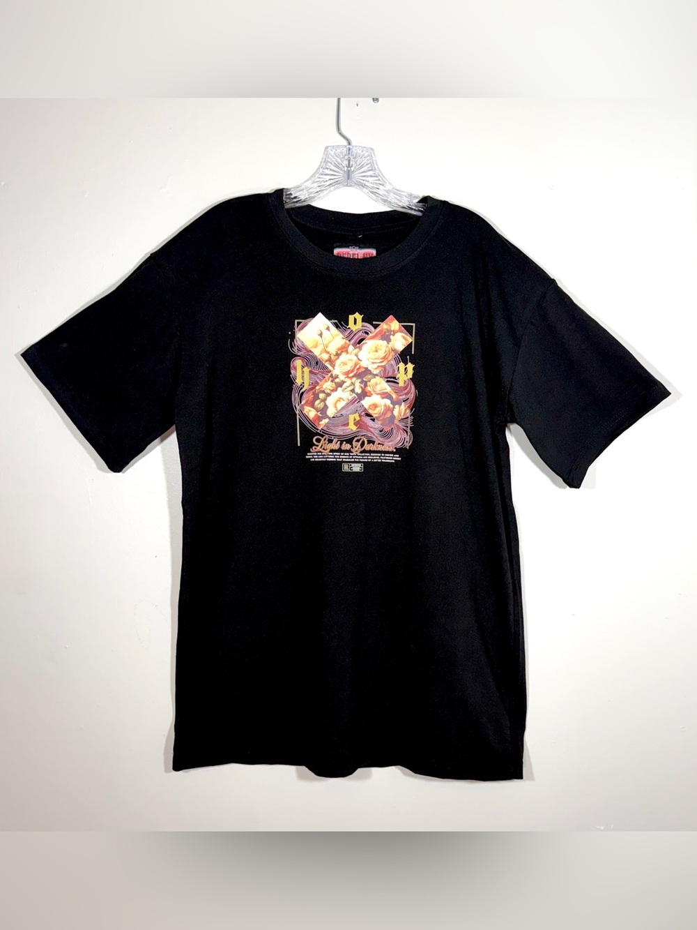 Rebel NY Light in Darkness Floral Cross Black Graphic T-Shirt Streetwear